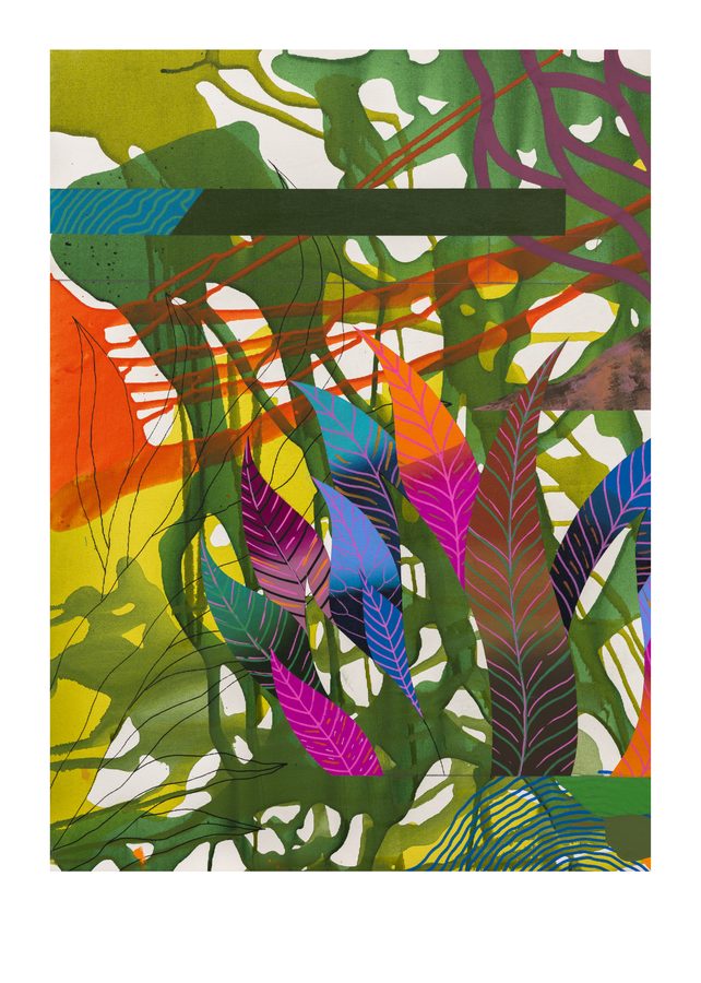 Folhas em magenta e azul na base, com manchas de verde, laranja e amarelo acima.