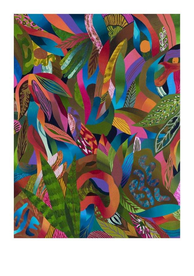 Folhas recortadas em azul, vermelho, rosa e verde, ocupando a imagem inteira.