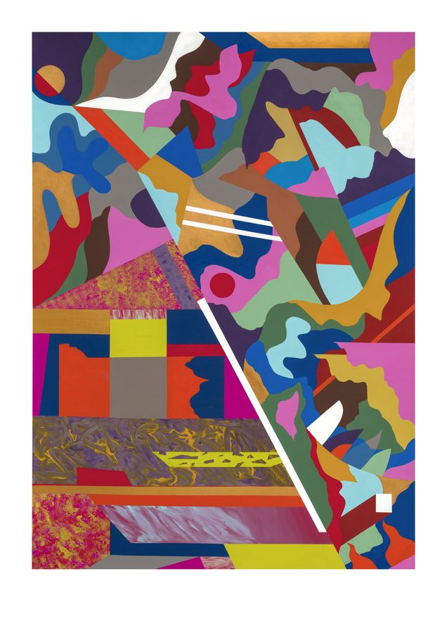 Composição geométrica com formas recortadas em rosa, azul, vermelho e amarelo.